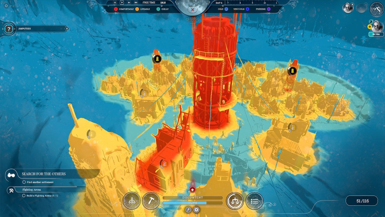 Vista de mapa de calor de Frostpunk. La temperatura ambiente es de -30º. Diferentes zonas salen dibujadas en rojo, amarillo, azul claro o azul oscuro. Cada color representa la probabilidad de enfermar de los ciudadanos que pasen por ahí y depende de la temperatura. Se ve claramente los radios del generador y las calderas creando círculos de un azul más claro. A su alrededor el resto del suelo está coloreado de azul oscuro. Vista de mapa de calor de Frostpunk. La temperatura ambiente es de -30º. Diferentes zonas salen dibujadas en rojo, amarillo, azul claro o azul oscuro. Cada color representa la probabilidad de enfermar de los ciudadanos que pasen por ahí y depende de la temperatura. Se ve claramente los radios del generador y las calderas creando círculos de un azul más claro. A su alrededor el resto del suelo está coloreado de azul oscuro.