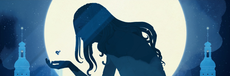 Fotograma del videojuego Gris. Se ve una estatua gigante con forma de mujer con el pelo largo. La estatua es de color azul oscuro. Tiene una mano extendida hacia delante y sobre la palma de la mano flota en el aire la protagonista del videojuego, mucho más pequeña que la estatua, con el vestido ondeando al viento. Detrás de la estatua hay una luna enorme de color blanco que cubre gran parte del fondo.